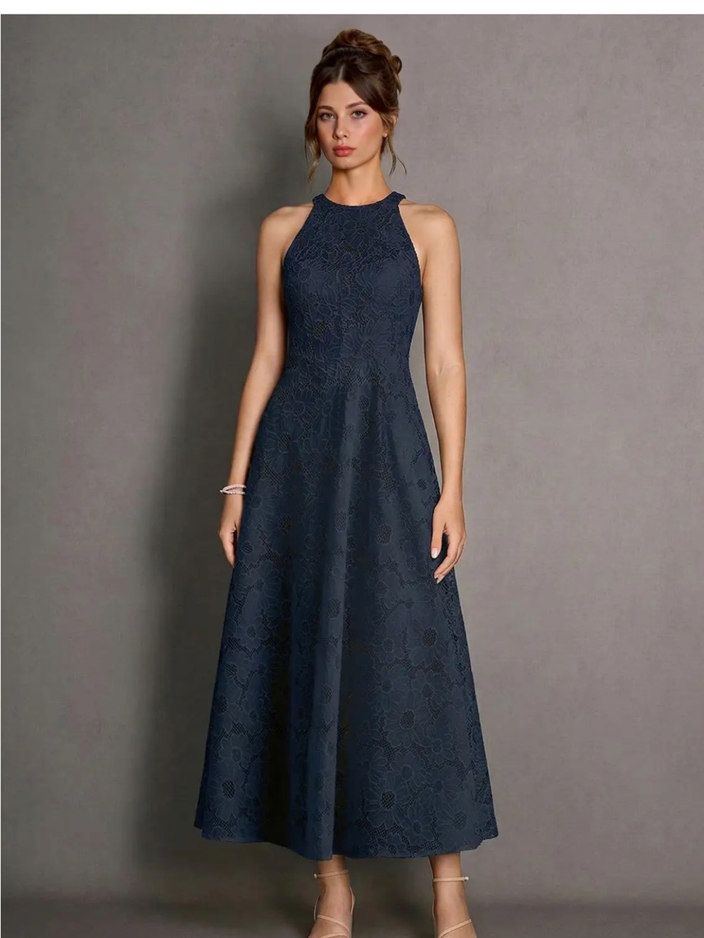 Azazie Navy Halter Lace Maxi Dress